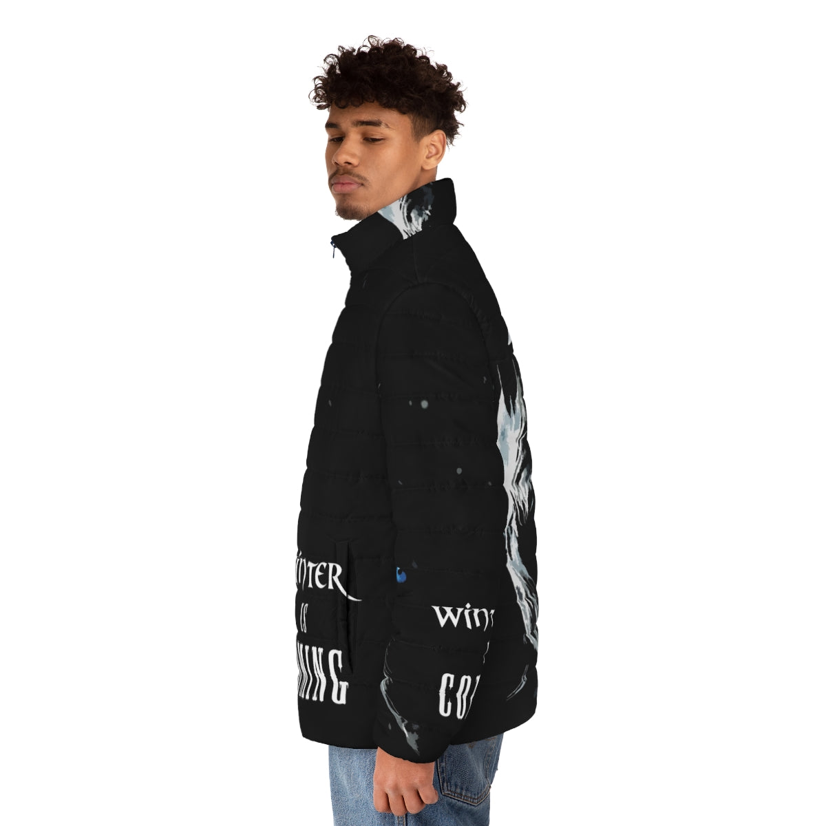 A warm and cozy puffer jacket with a "Winter Is Coming" design - men side left