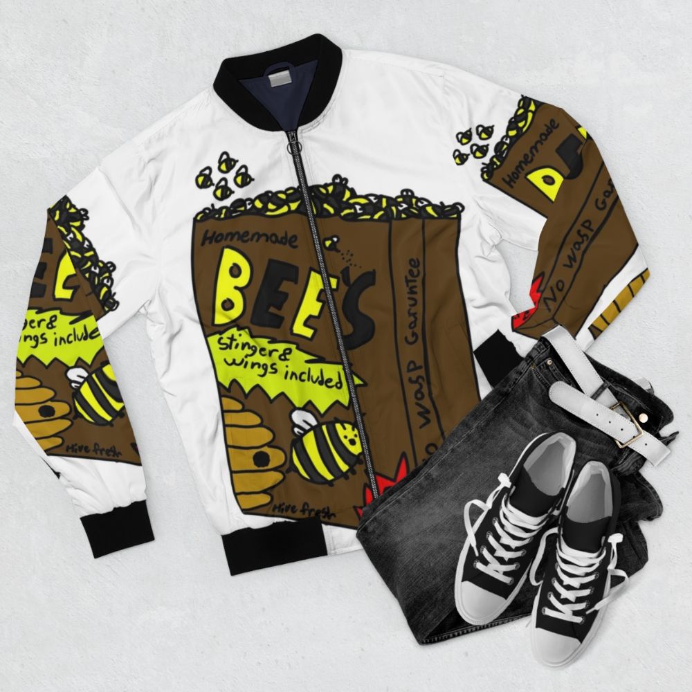 Bees bomber jacket with a humorous bumblebee design - Flat lay