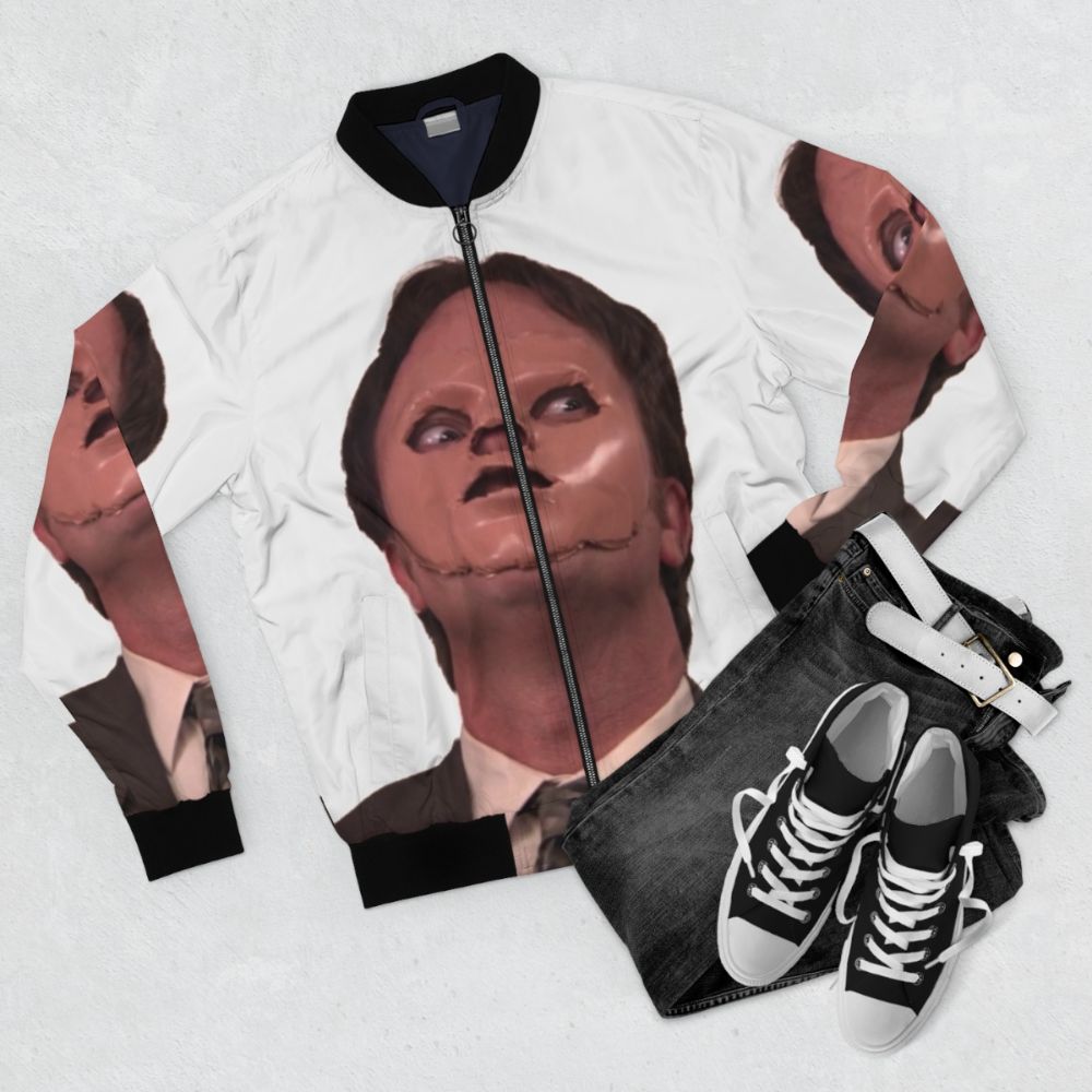 Dwight Schrute Skin Mask Bomber Jacket from The Office - Flat lay