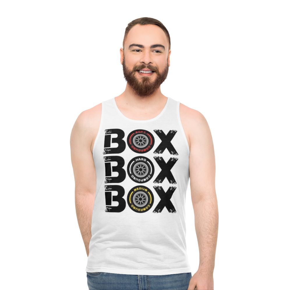 Formula 1 F1 Racing Tyre Wear Pit Box Design Unisex Tank Top - men