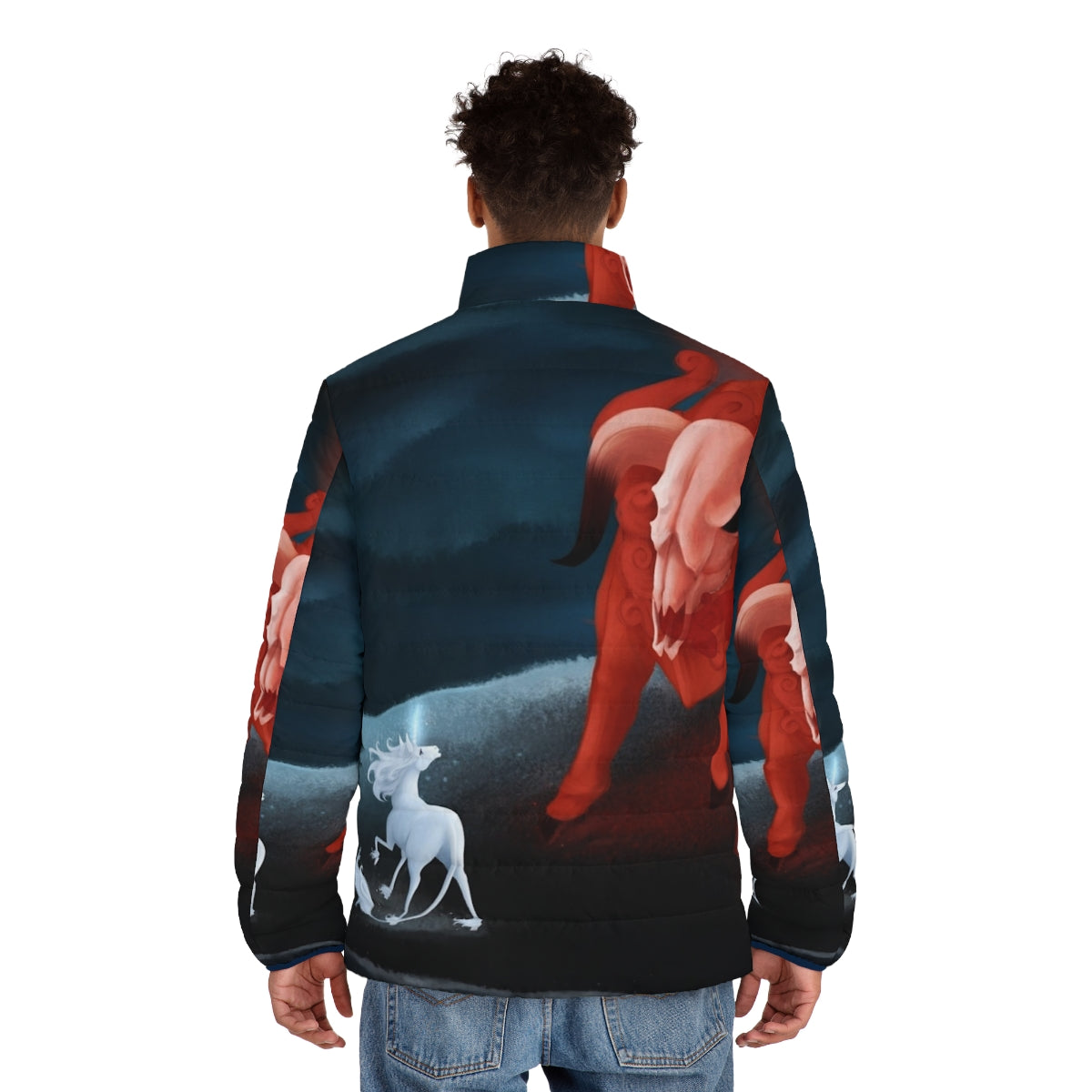 Dark red puffer jacket with unicorn and skull design - men back