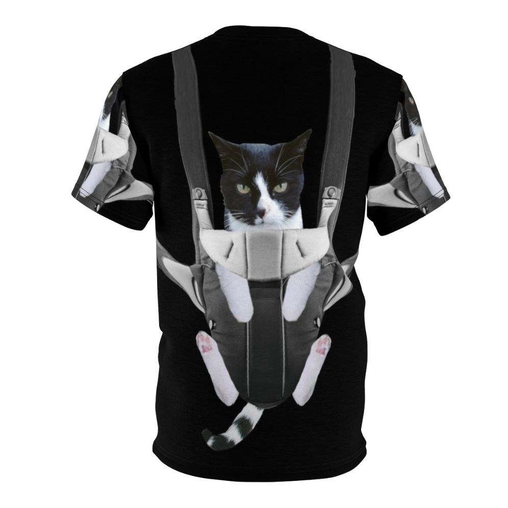 Illustration of a cat snuggled up in a baby carrier on a t-shirt - Back