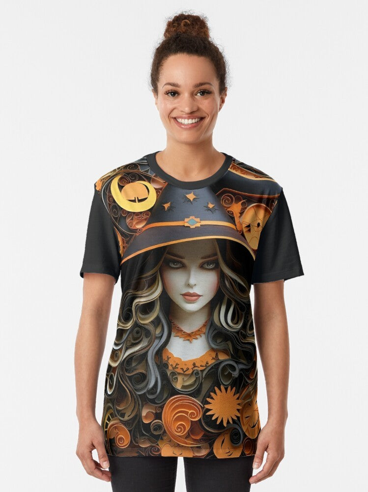 Colorful paper quilling Halloween witch art graphic t-shirt design - Women