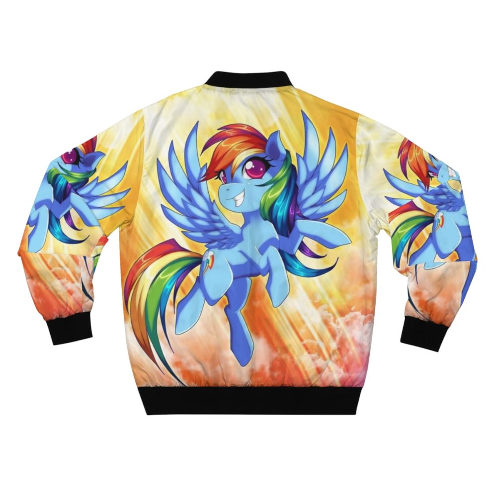 A black bomber jacket with a colorful Rainbow Dash design, inspired by the My Little Pony character. - Back