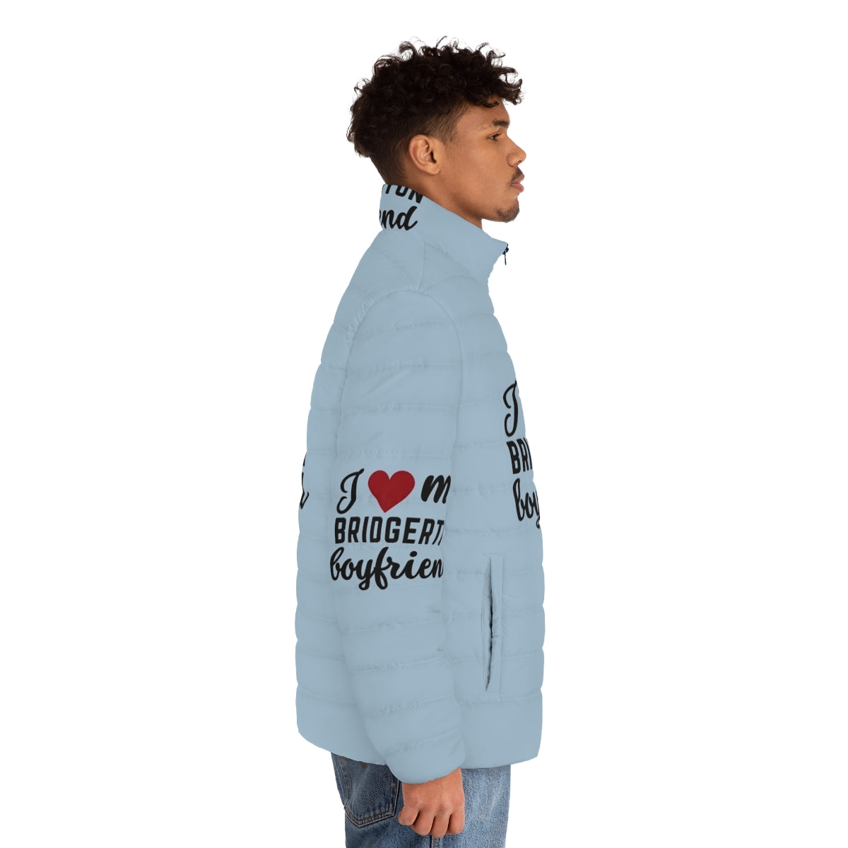 Bridgerton inspired puffer jacket with "I Love My Bridgerton Boyfriend" text - men side right