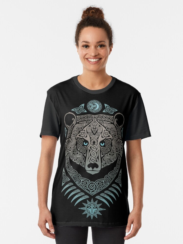 Tribal and mystical forest lord t-shirt design featuring a bear, owls, ravens, and Celtic knotwork. - Women