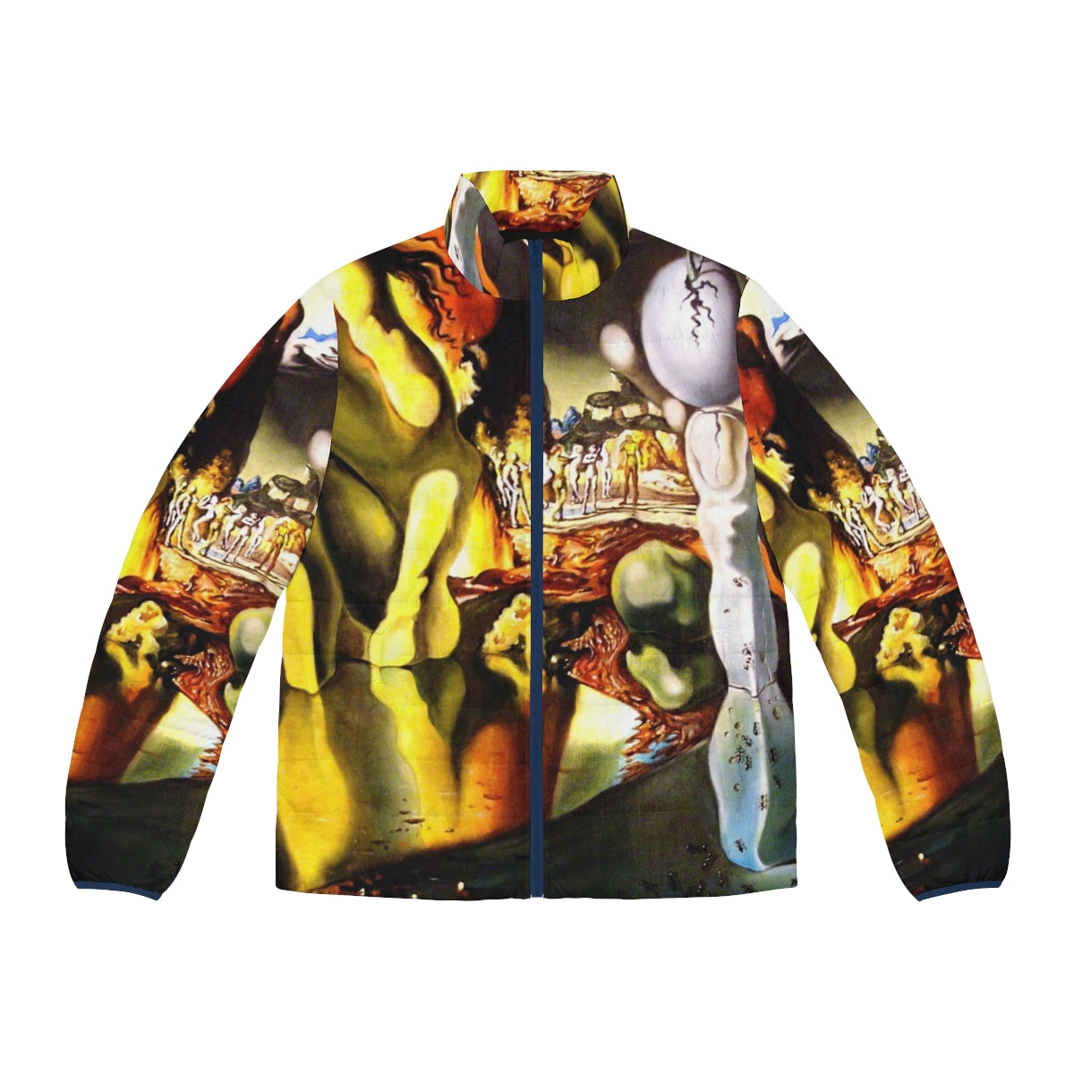 Puffer jacket featuring Salvador Dali's surrealist painting "Metamorphosis of Narcissus"