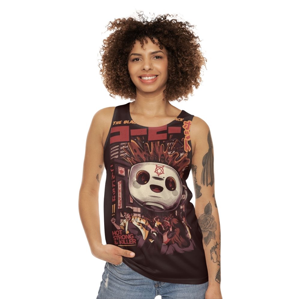 Black Magic Coffee Unisex Tank Top with Retro Japanese-Style Kaiju Monster Graphic - women