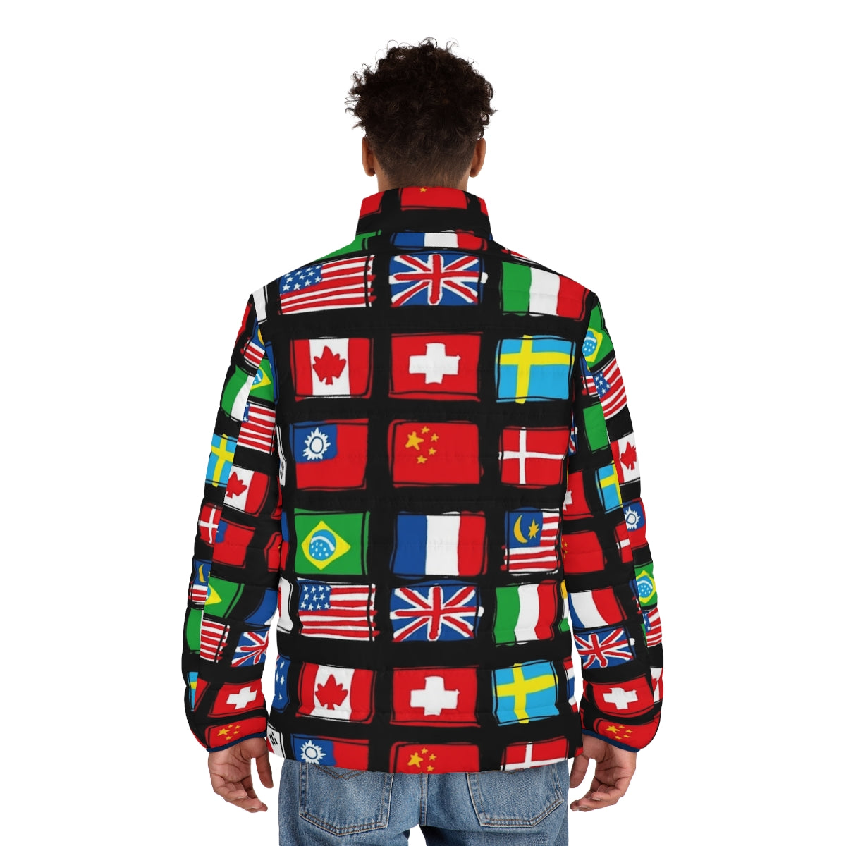 Global Patriotic Puffer Jacket with World Flags, National Flag Puffer Jacket - men back