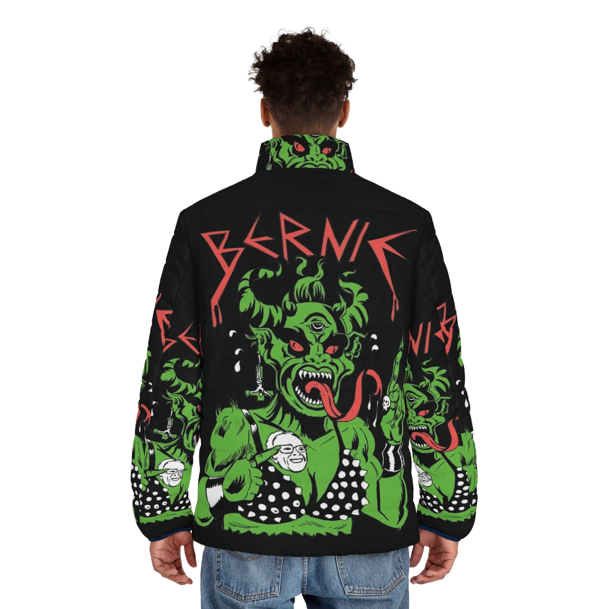 Bernie Sanders inspired puffer jacket with socialist and political imagery - men back