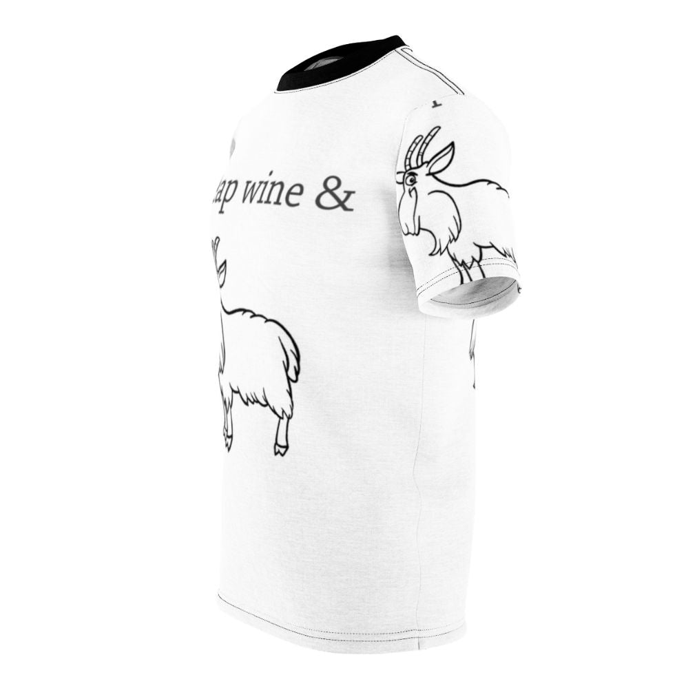 Humorous Australian-inspired t-shirt design featuring a cartoon three-legged goat and a glass of wine, with geometric shapes and elements of music and nature. - men left