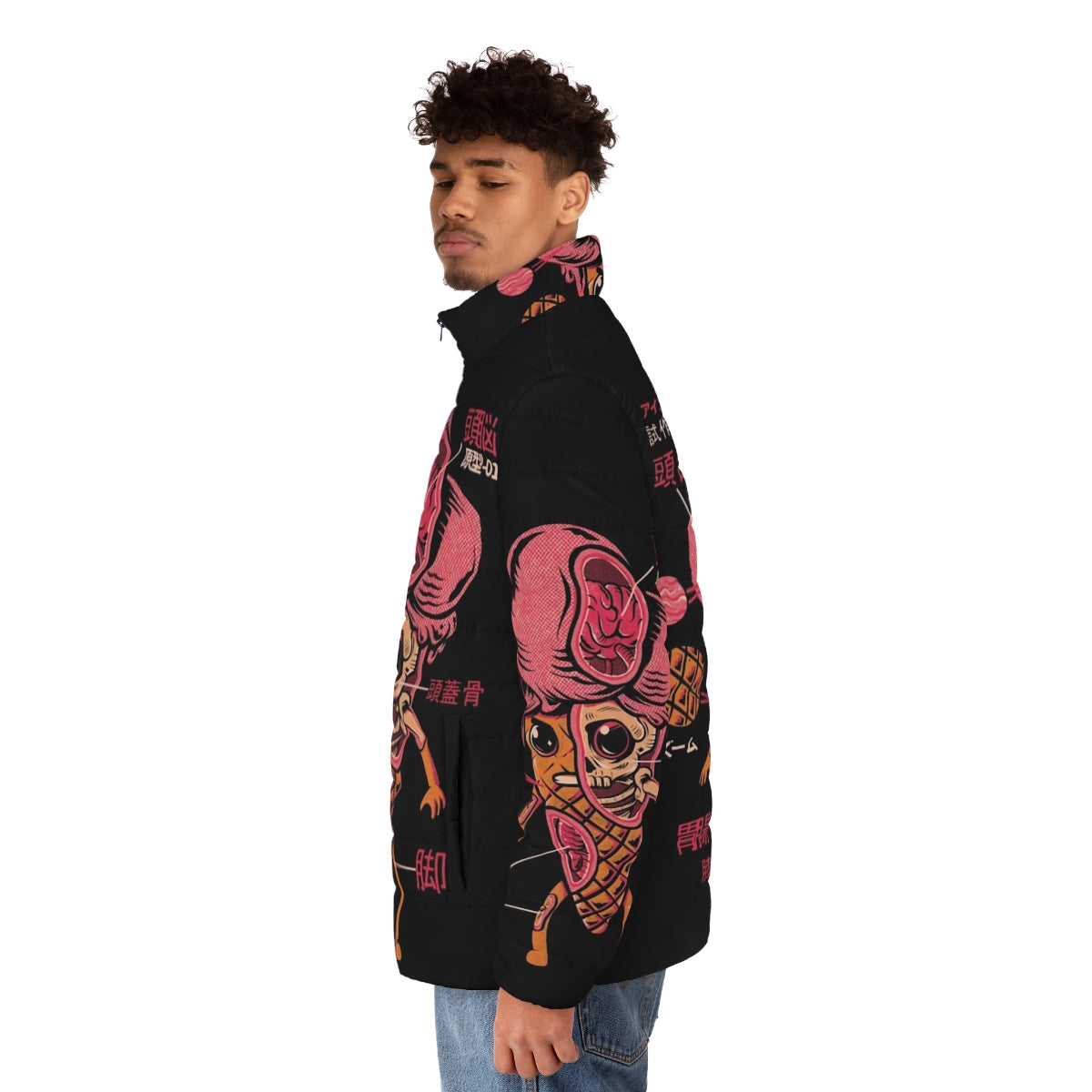 Colorful ice cream kaiju puffer jacket with a vintage and whimsical design - men side left