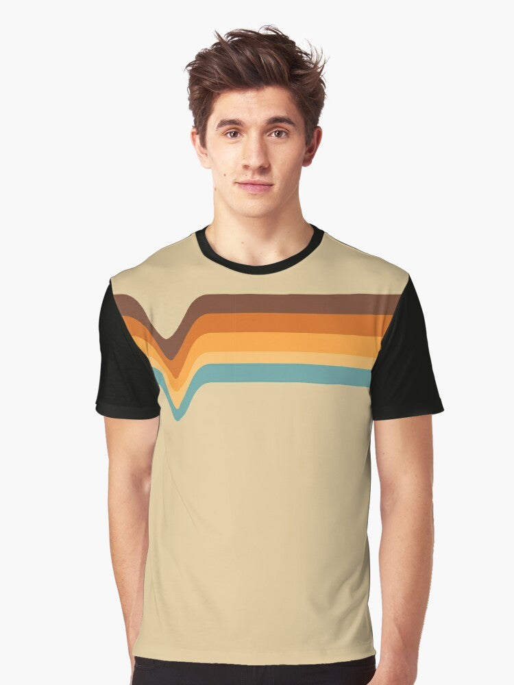 Vintage 70s style striped graphic t-shirt in orange, yellow, brown, and blue colors - Men