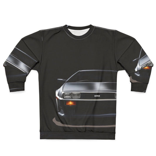 Delorean time machine sweatshirt with retro car art design