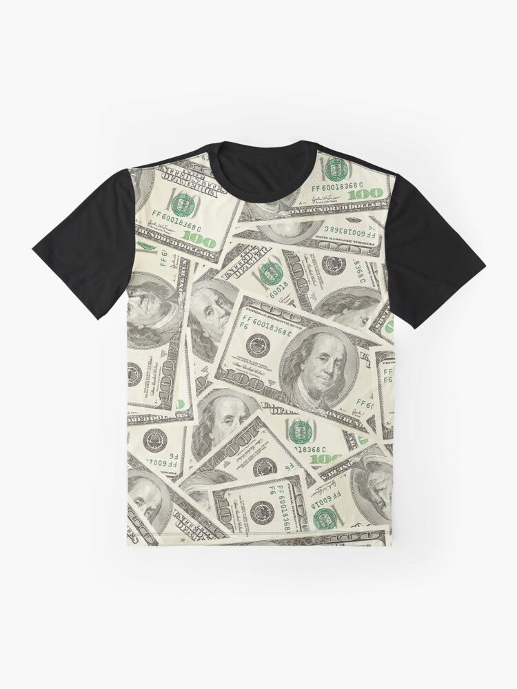 "100 Dollar Bills Graphic T-Shirt featuring a pattern of hundred dollar bills and Benjamin Franklin's portrait" - Flat lay