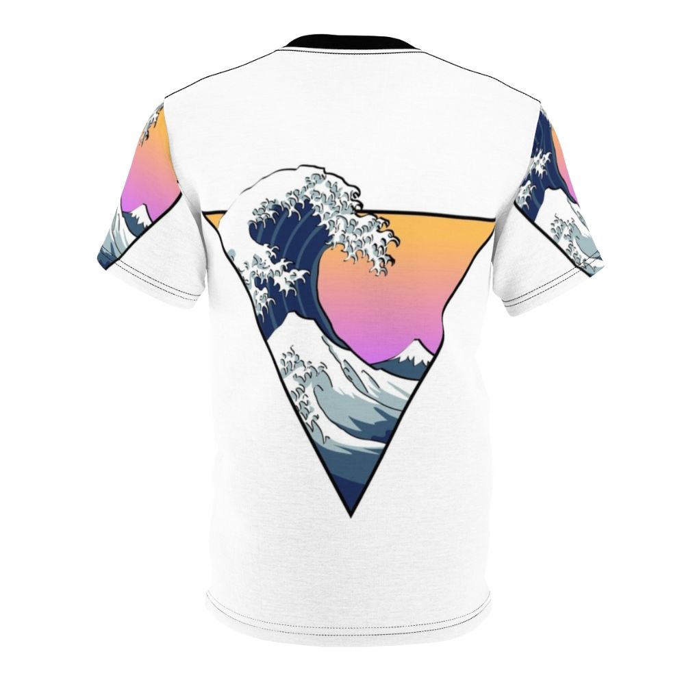 A t-shirt featuring a vibrant, gradient wave design inspired by Japanese art and vaporwave aesthetics. - Back