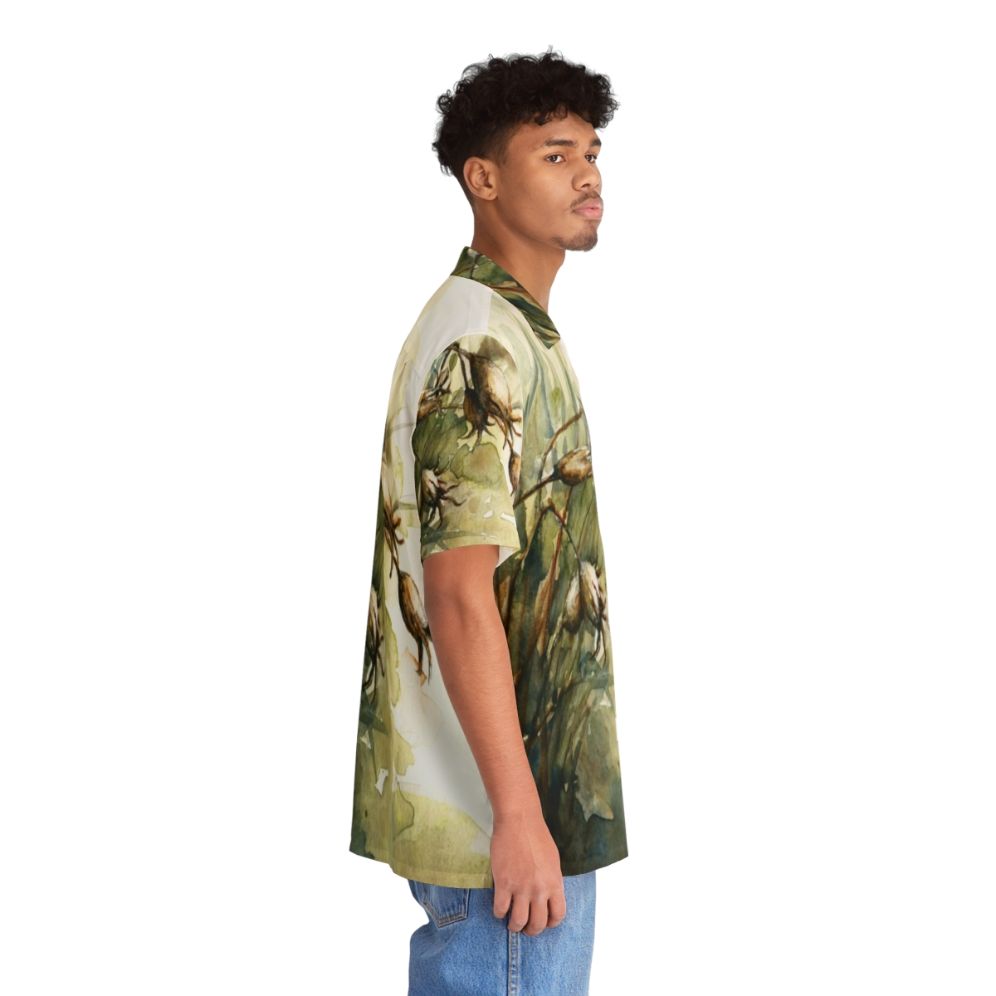 Colorful Hawaiian shirt featuring a botanical print of summer seedpods - People Pight