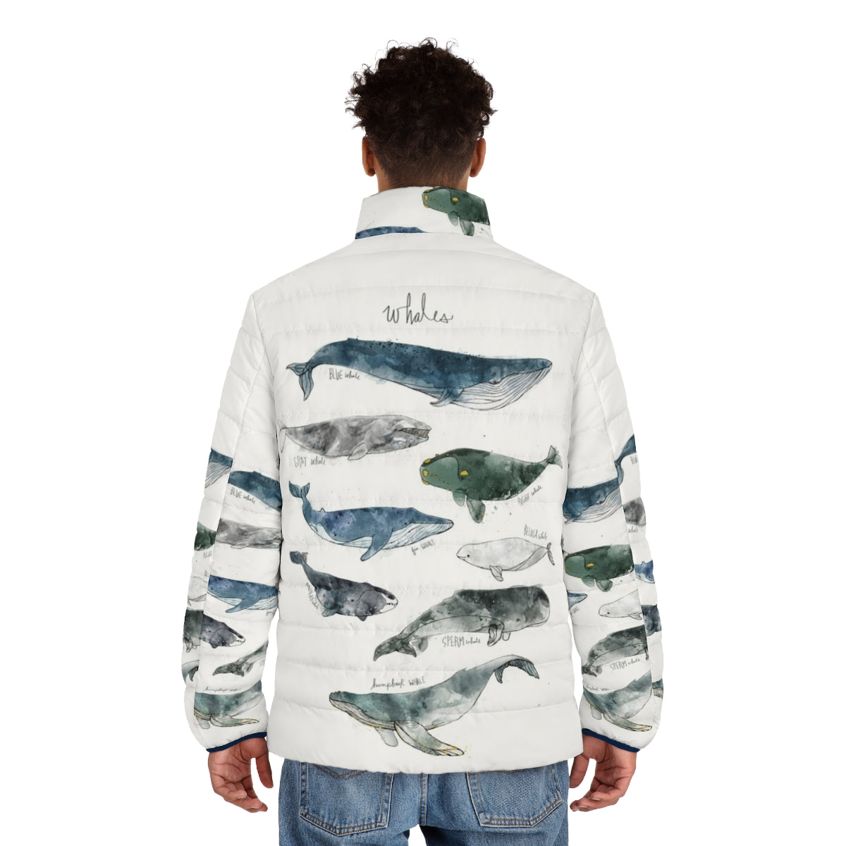 Whales Puffer Jacket with Watercolor Wildlife Design - men back