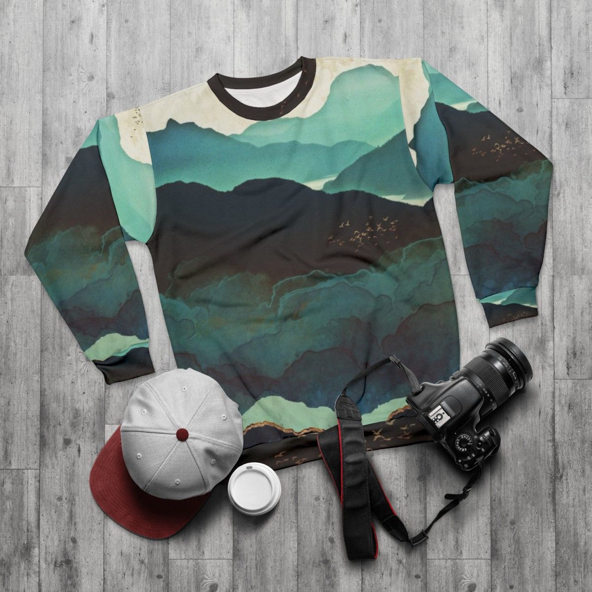 Indigo Mountains Sweatshirt with Serene Nature Landscape Graphic - flat lay