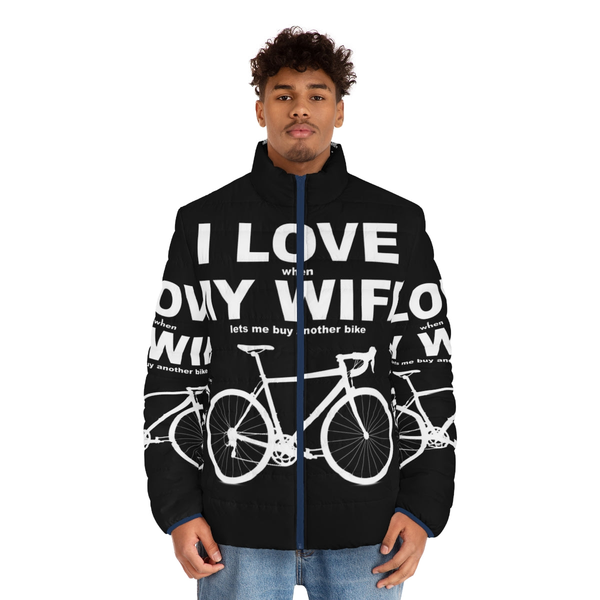 Cyclist wearing "I Love My Wife" puffer jacket - men front