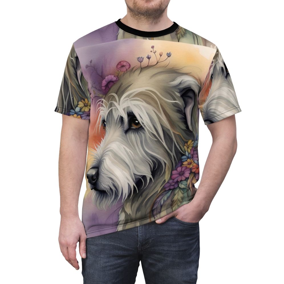 Whimsical watercolor illustration of an Irish Wolfhound on a t-shirt - men front