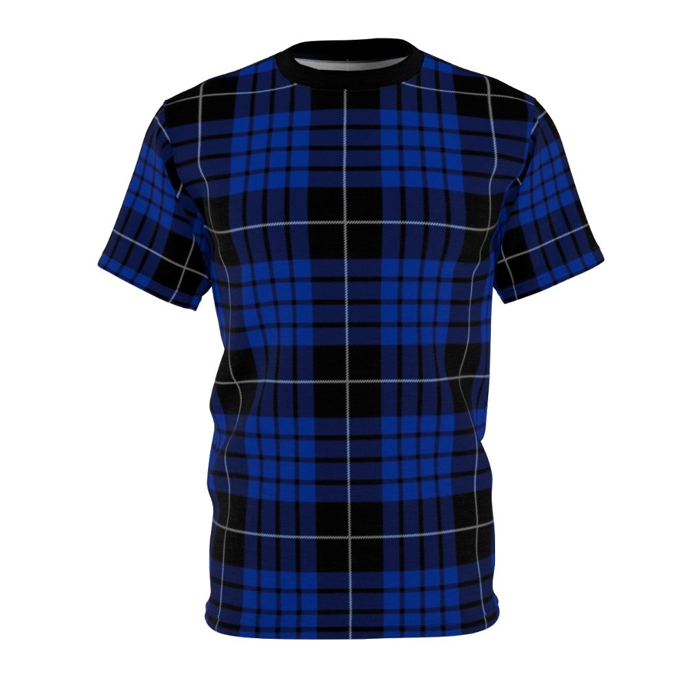 Model wearing a blue and black tartan plaid t-shirt with the Clan Macqueen tartan pattern