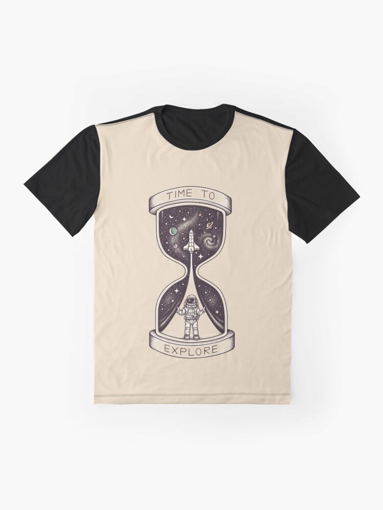 Astronaut exploring the galaxy with planets, stars, and an hourglass on a graphic t-shirt - Flat lay