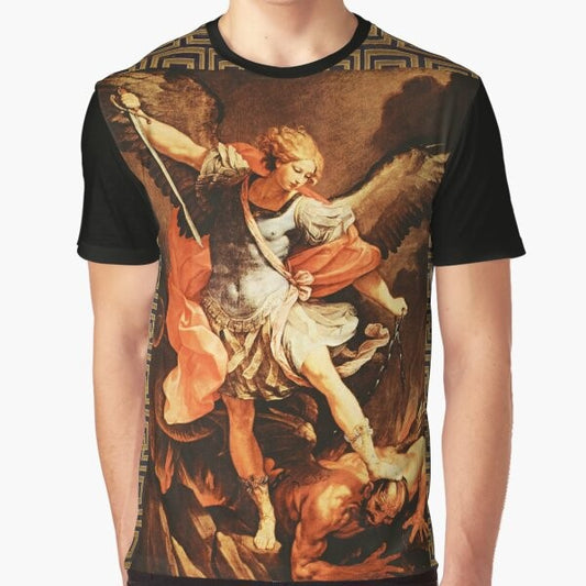 Vintage illustration of St. Michael the Archangel battling the devil, with a vibrant religious and spiritual design.