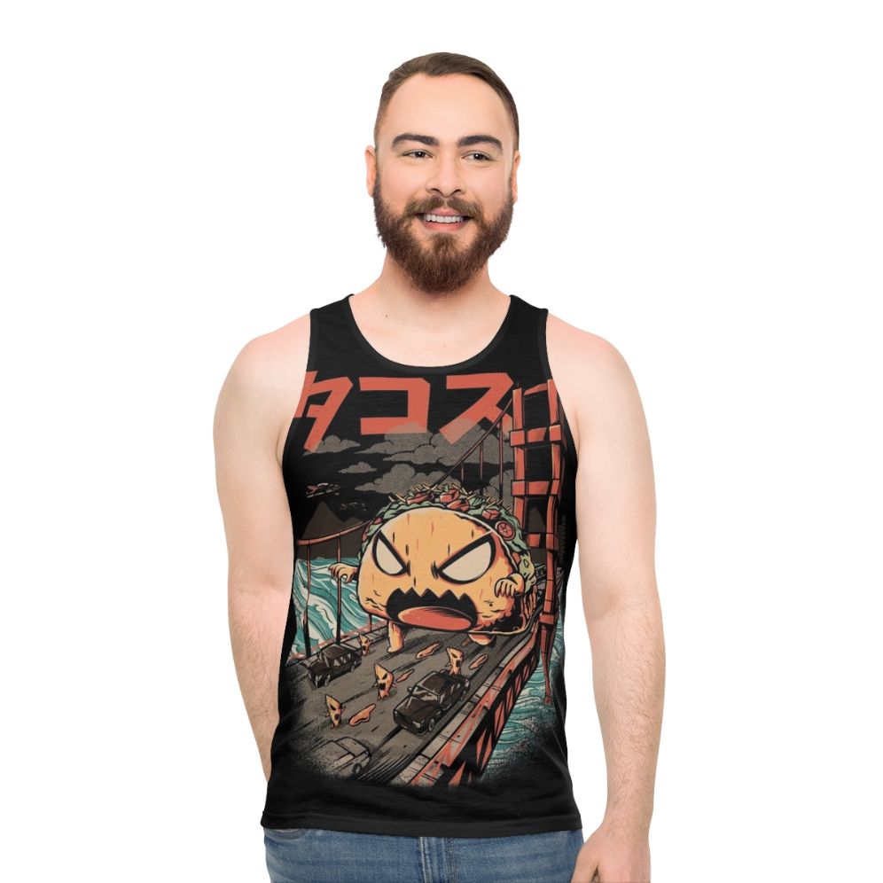 Unisex black tank top with a kaiju monster graphic - men