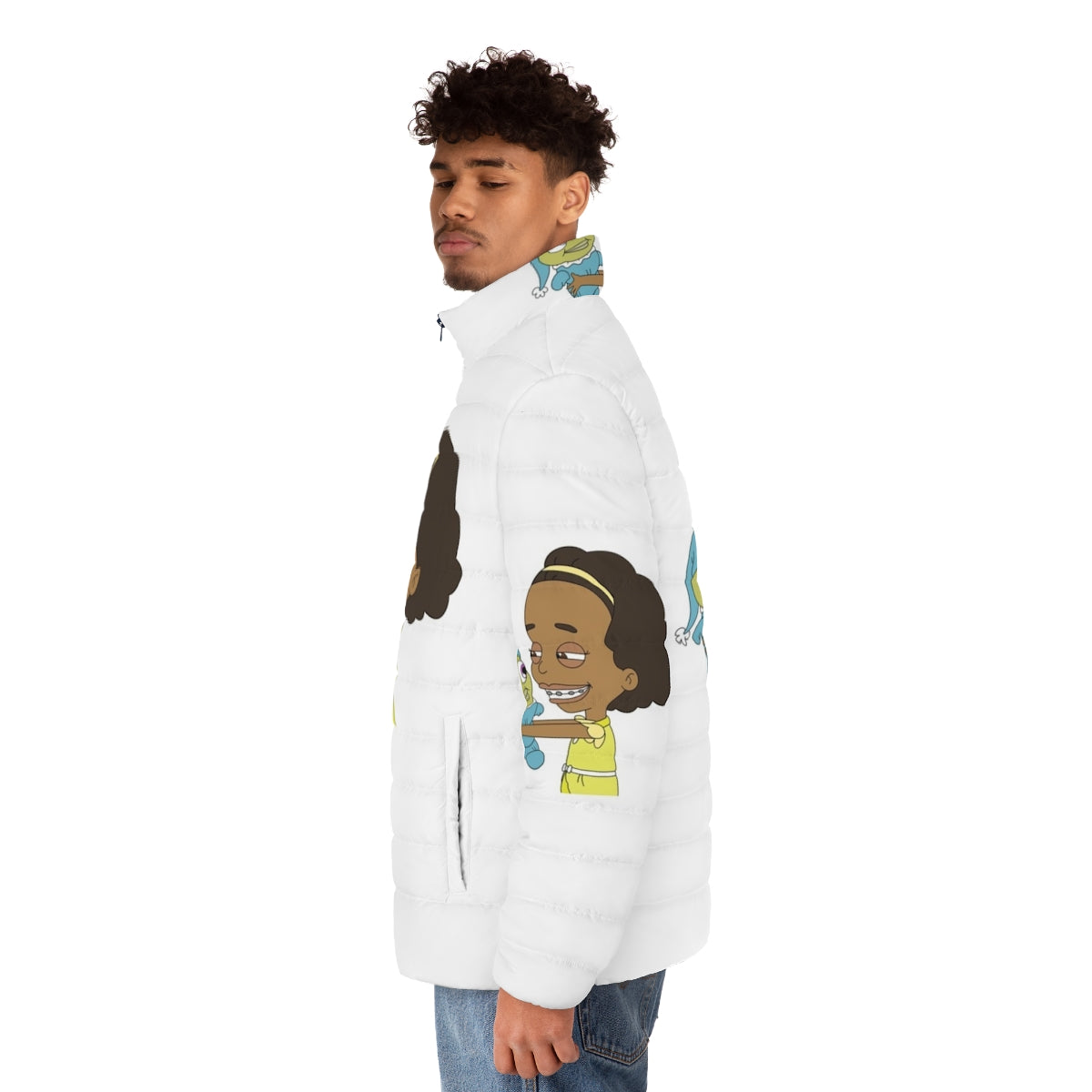 Big Mouth Puffer Jacket featuring the characters Missy and Mr Wiggles from the Netflix series Big Mouth - men side left