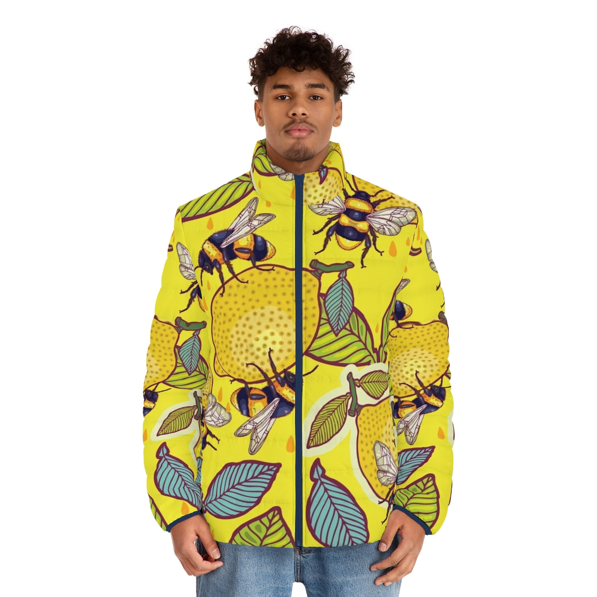 Yellow puffer jacket with bees and flowers in a garden - men front