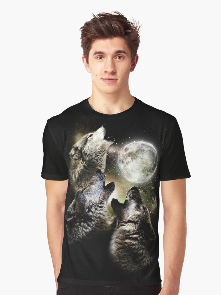 Three wolves howling at the full moon on a graphic t-shirt design - Men