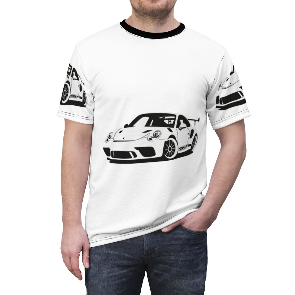 All-over print t-shirt featuring a striking Porsche-inspired sports car graphic - men front