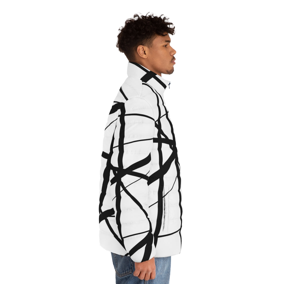 Geometric black and white puffer jacket with abstract line art design - men side right