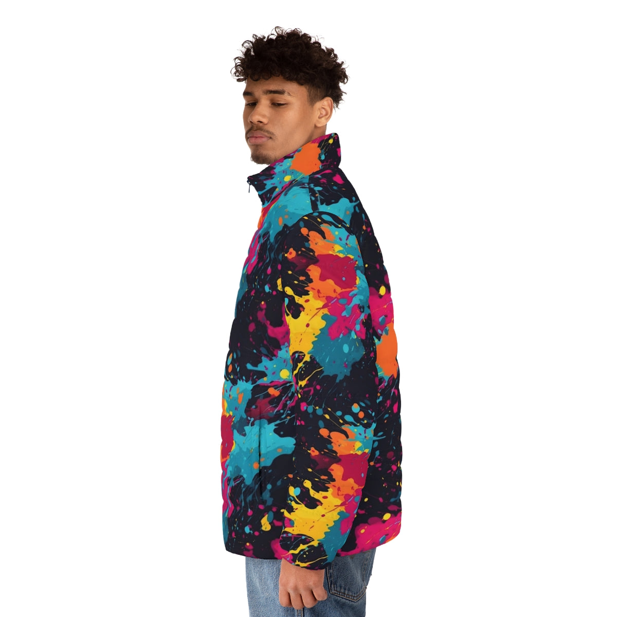 Vibrant neon paint splatter puffer jacket, featuring a bold, abstract design - men side left