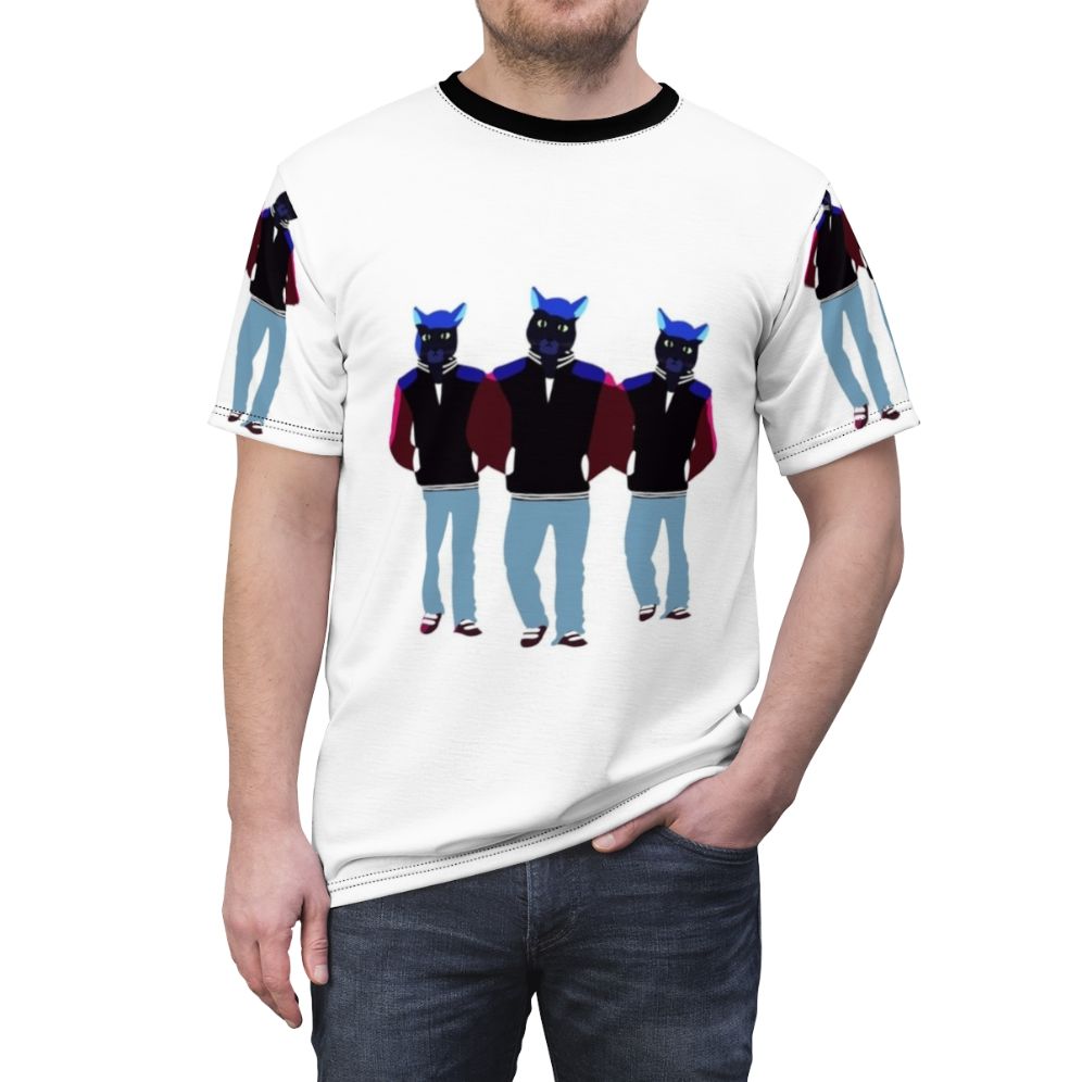 T-shirt featuring an animated humanoid cat inspired by the music video for Caravan Palace's song "Lone Digger" - men front