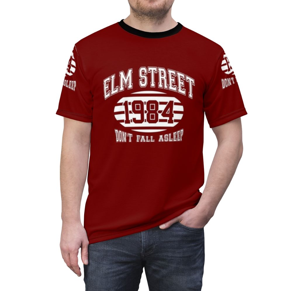 Haunting Elm Street College Horror Graphic T-Shirt featuring a Freddy Krueger-inspired design - men front