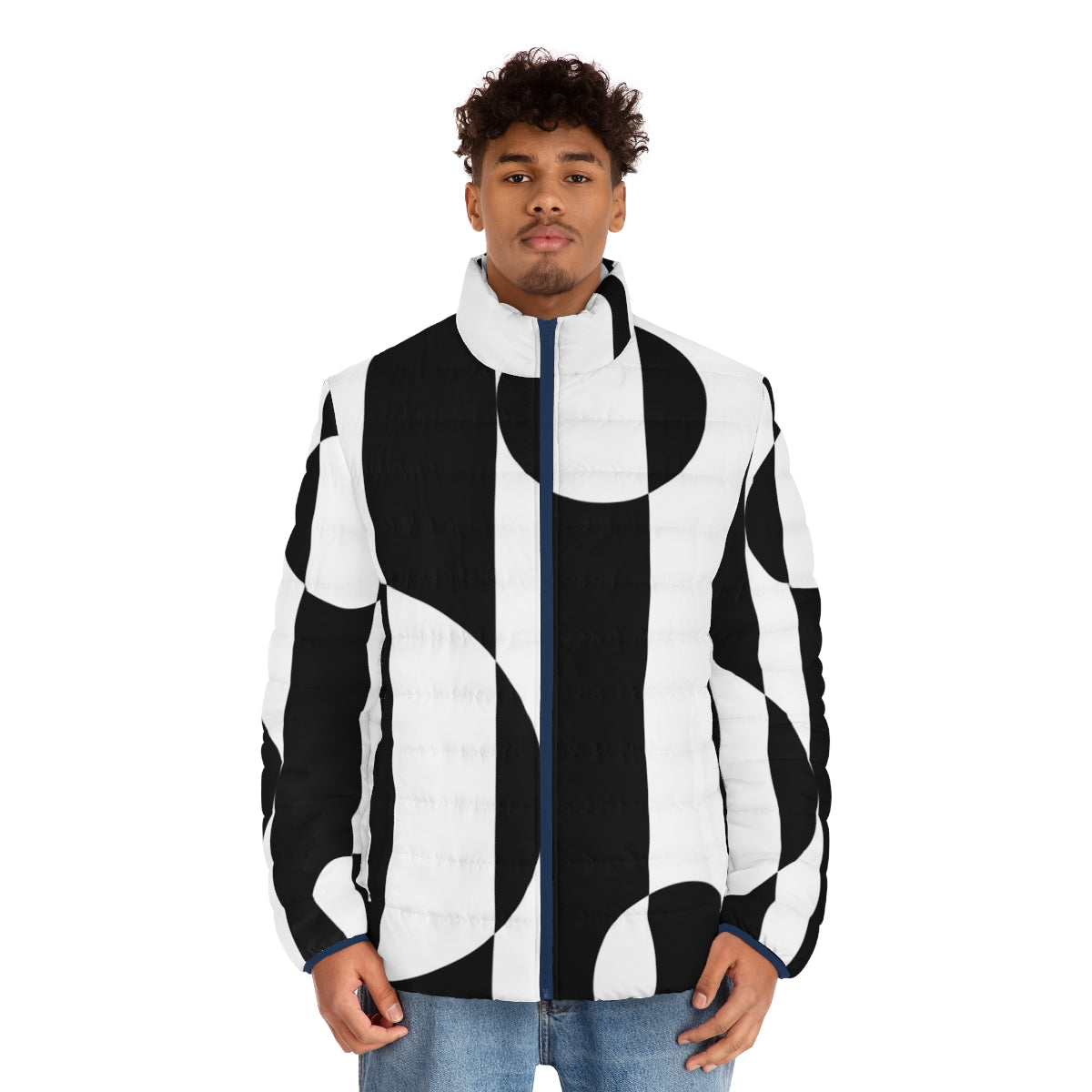 Retro 1960s op art style black and white puffer jacket - men front