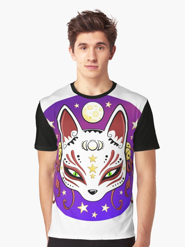 Cute and whimsical graphic t-shirt featuring a kitsune (Japanese fox) mask design with stars, moon, and magical elements. - Men