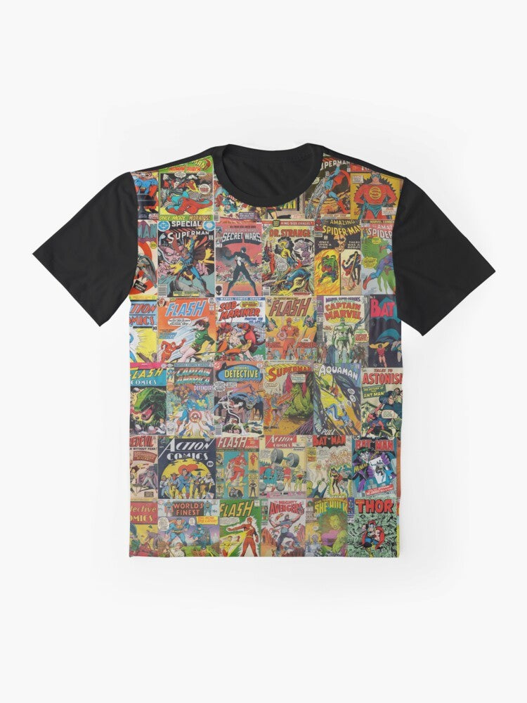 Vintage comic book pattern graphic t-shirt with superheroes and colorful design - Flat lay