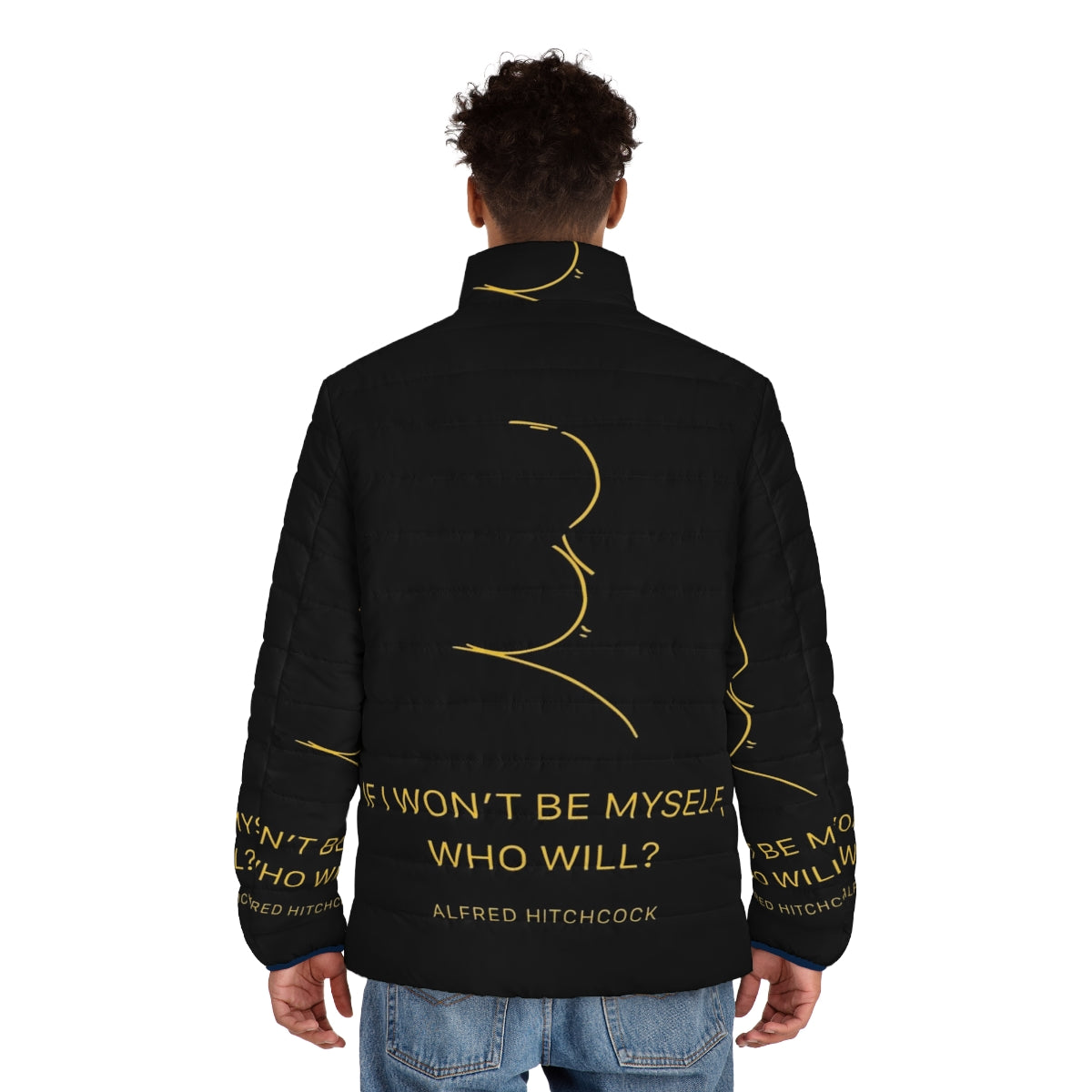 Alfred Hitchcock quote puffer jacket with black and gold design - men back