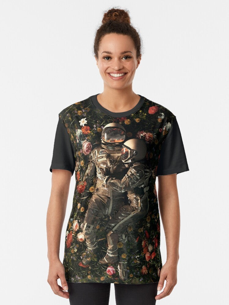 Surreal space-themed graphic t-shirt with floral and cosmic design elements - Women