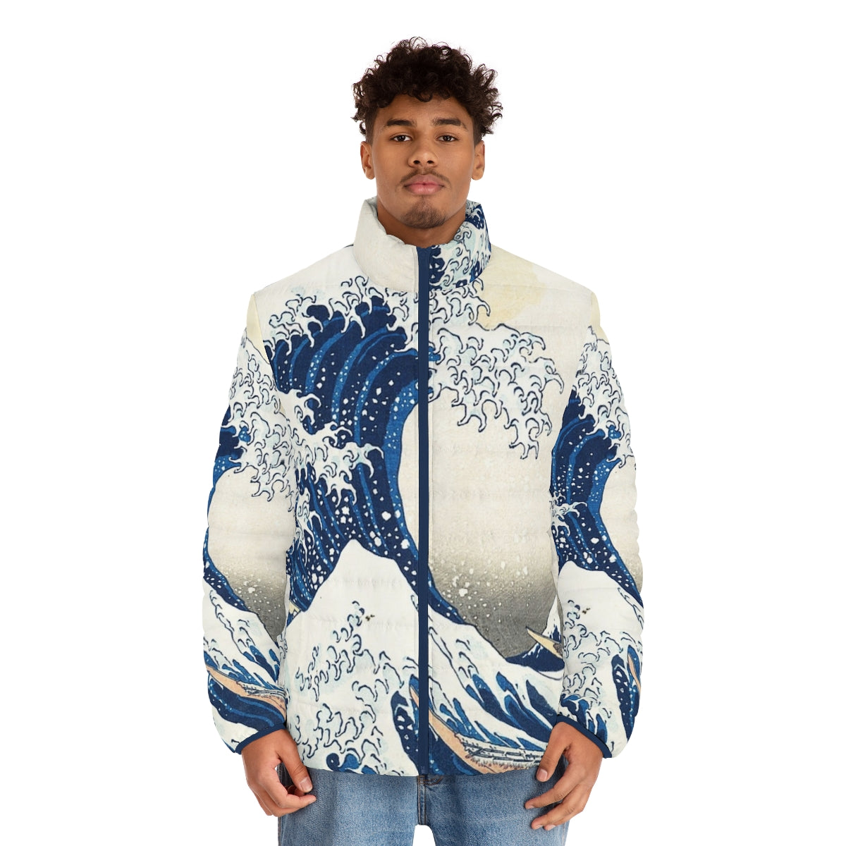 Kanagawa Wave Japanese Wave Puffer Jacket featuring the iconic Hokusai wave artwork - men front