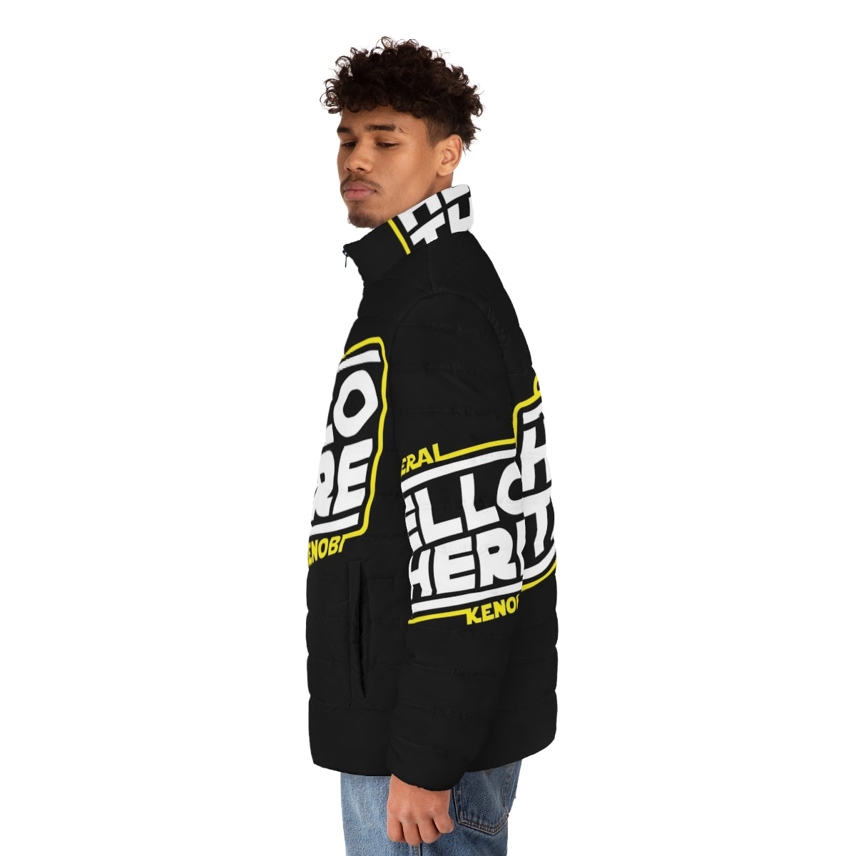 A stylish puffer jacket with a space-themed design and movie quote - men side left