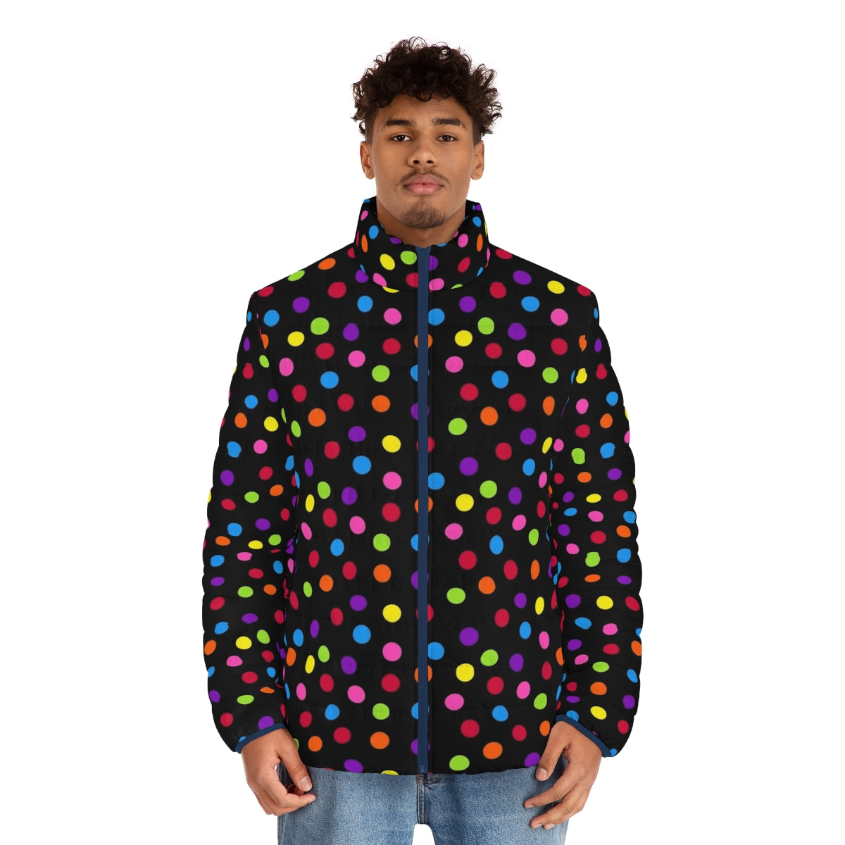 A colorful and unique rainbow puffer jacket with a confetti polka dot pattern - men front