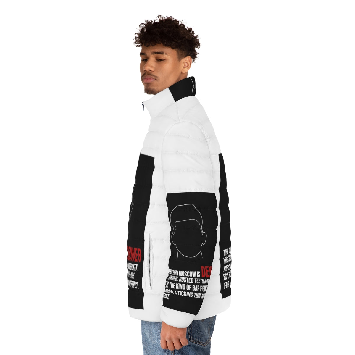 Denver House of Money Puffer Jacket featuring iconic Money Heist inspired lineart design - men side left