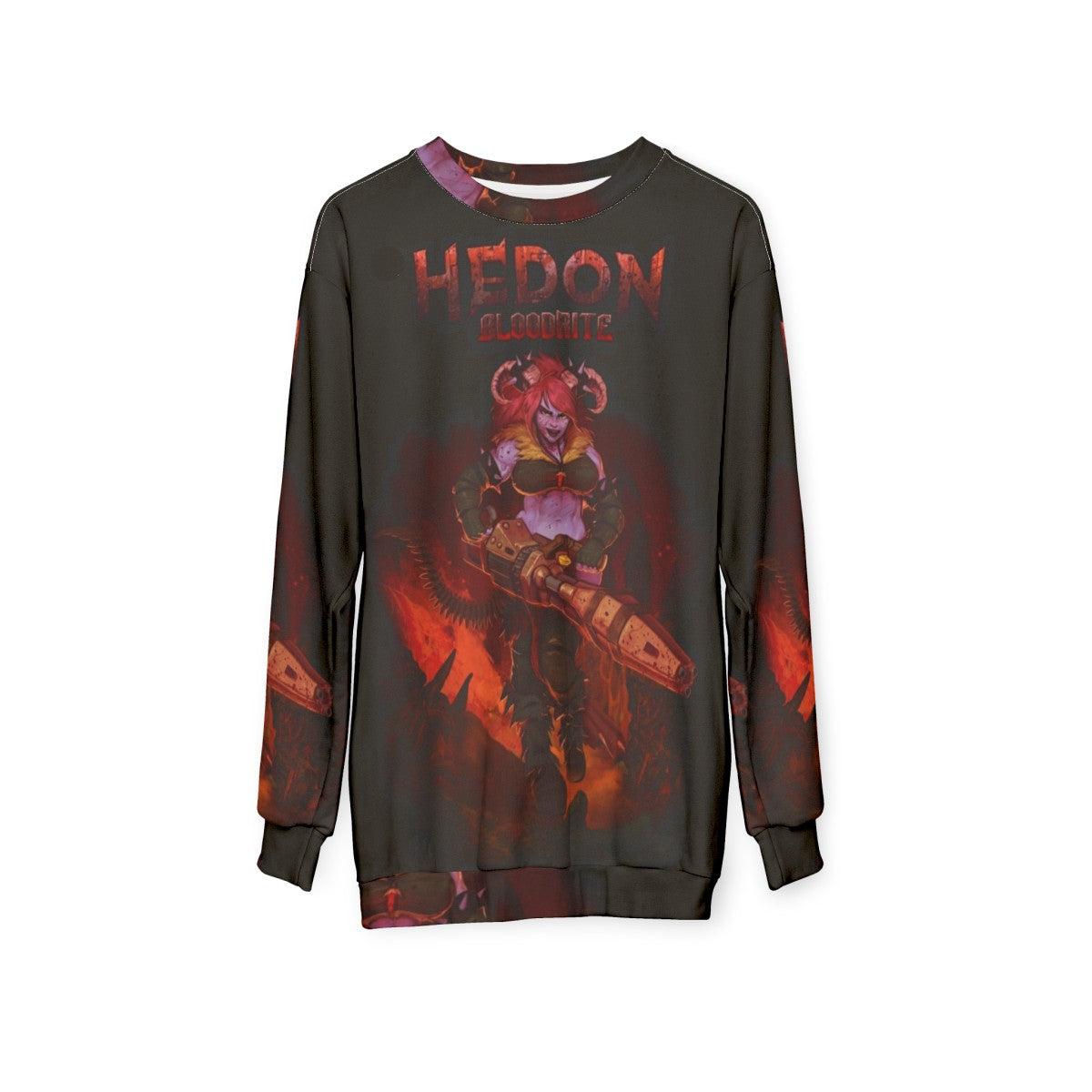 Hedon Bloodrite retro style sweatshirt with demon horns and video game art - hanging