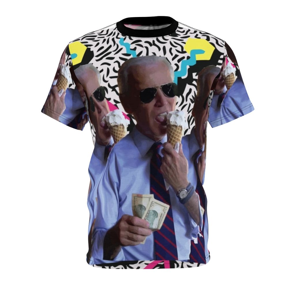 Vintage-style t-shirt with a parody design featuring Biden's name in a 90s vaporwave aesthetic