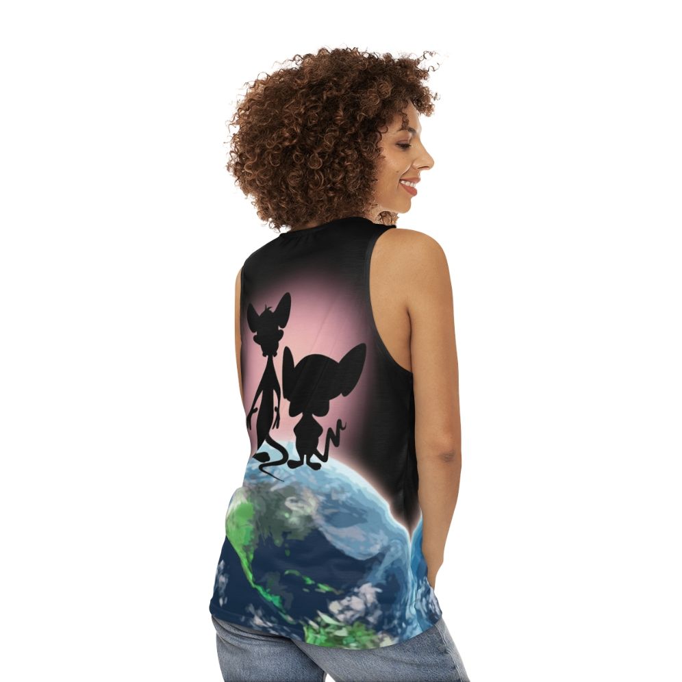 Unisex "Take Over the World" Tank Top with Cartoon Characters - women back