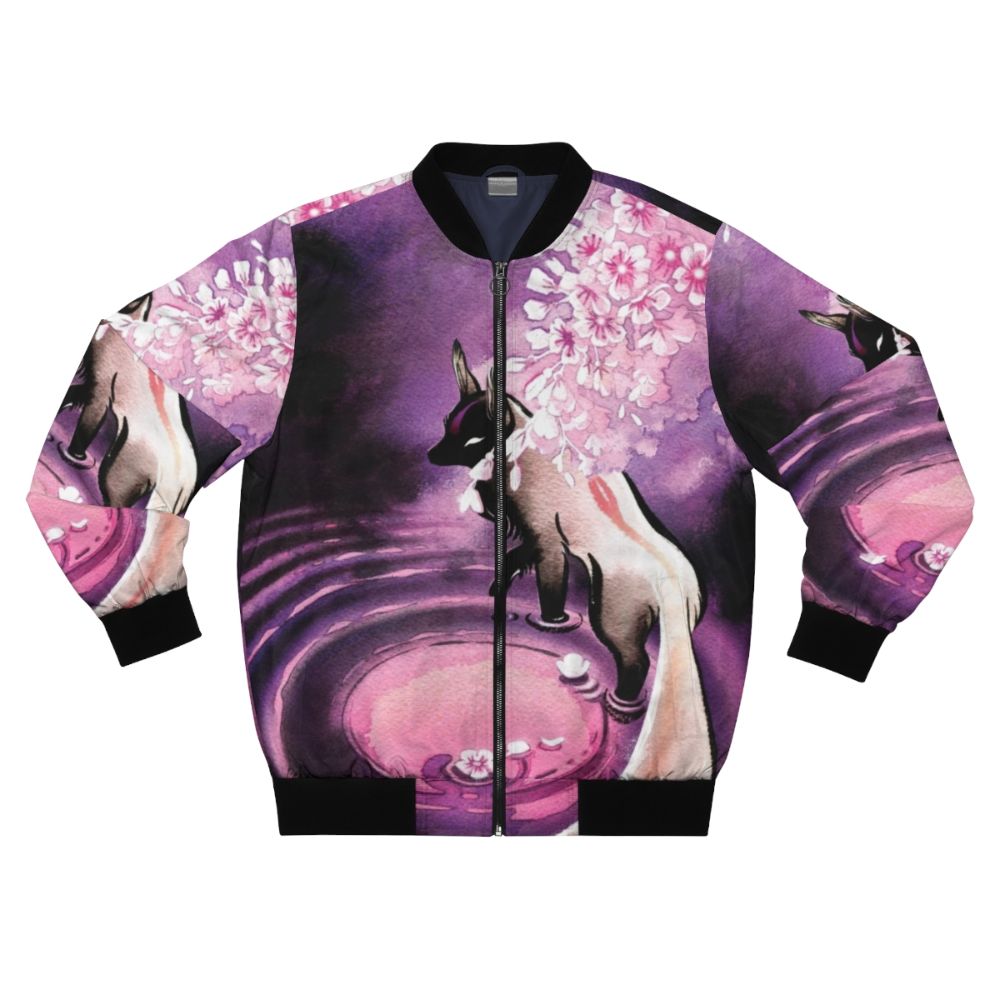 A rose moon-inspired bomber jacket featuring a sakura blossom and fox design